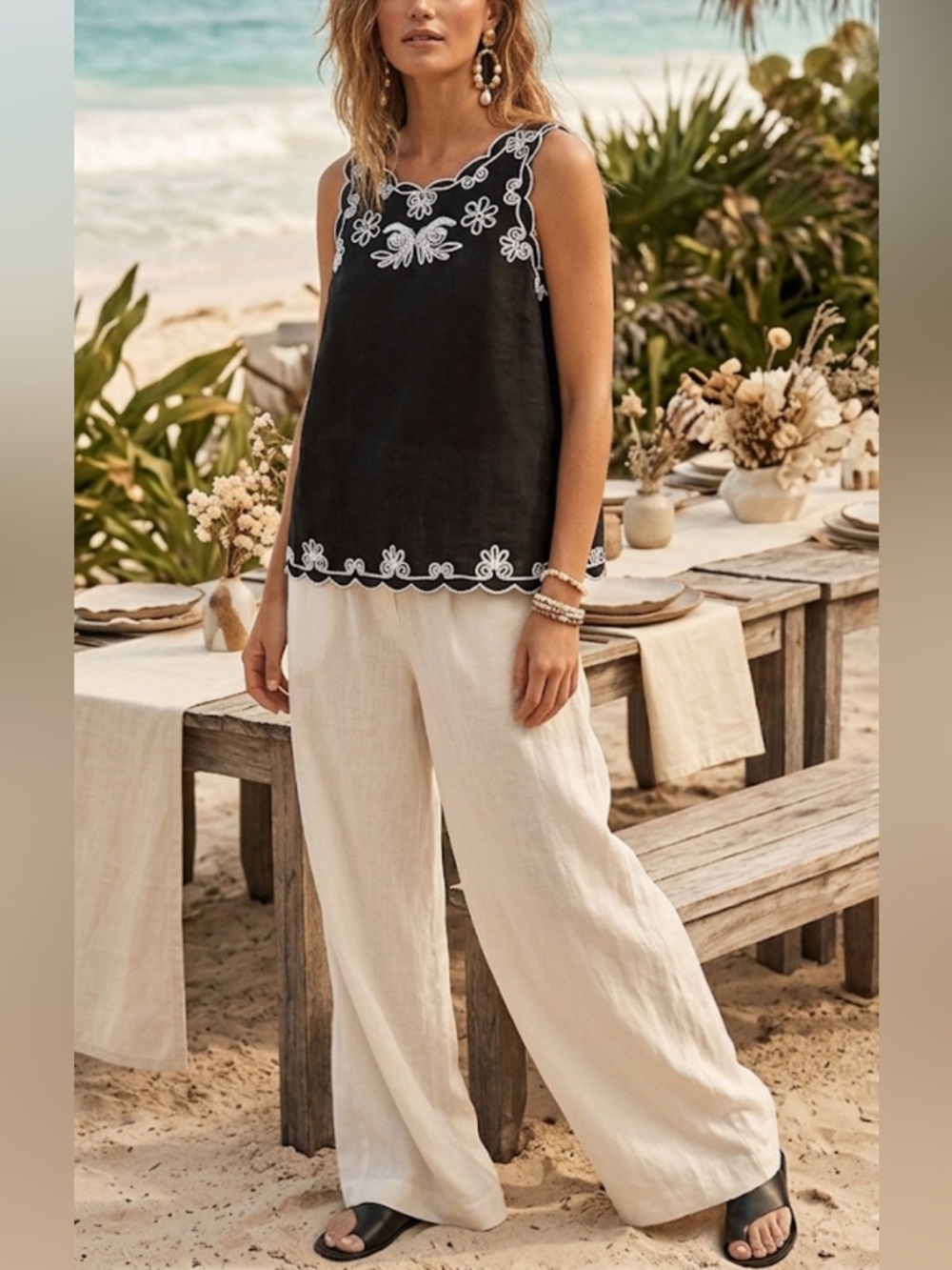 Talbots Tank Too M Black Linen Cotton Floral Embroidered Scalloped Boho